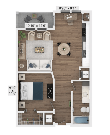 Floor plan for studio, 1 bath, 702 sqft